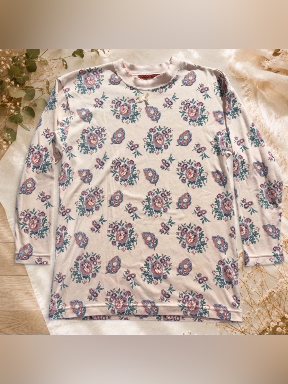 Vintage Best American Clothing Co Floral Top Bow Picot Trim Pink S